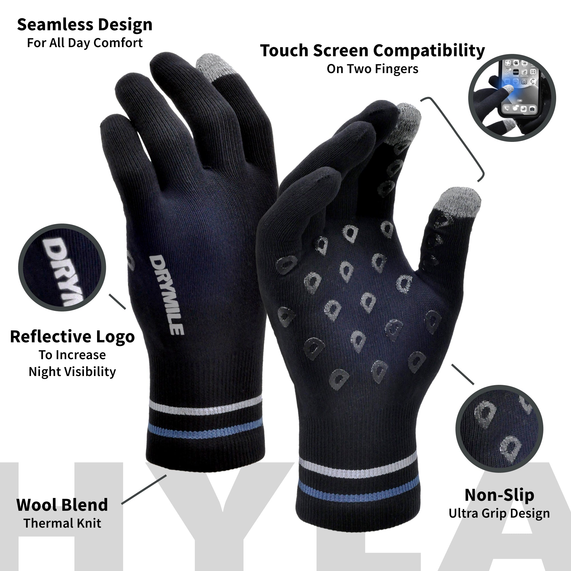 DRYMILE Waterproof Gloves - Warm Touchscreen Winter Snow Wool Blend Hand Gloves for Men & Women - Work, Hiking, Skiing, Running, Riding Glove - Black